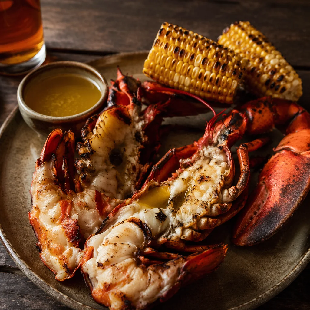 Whole Maine lobster split and grilled over the wood fire, served with charred corn and drawn butter