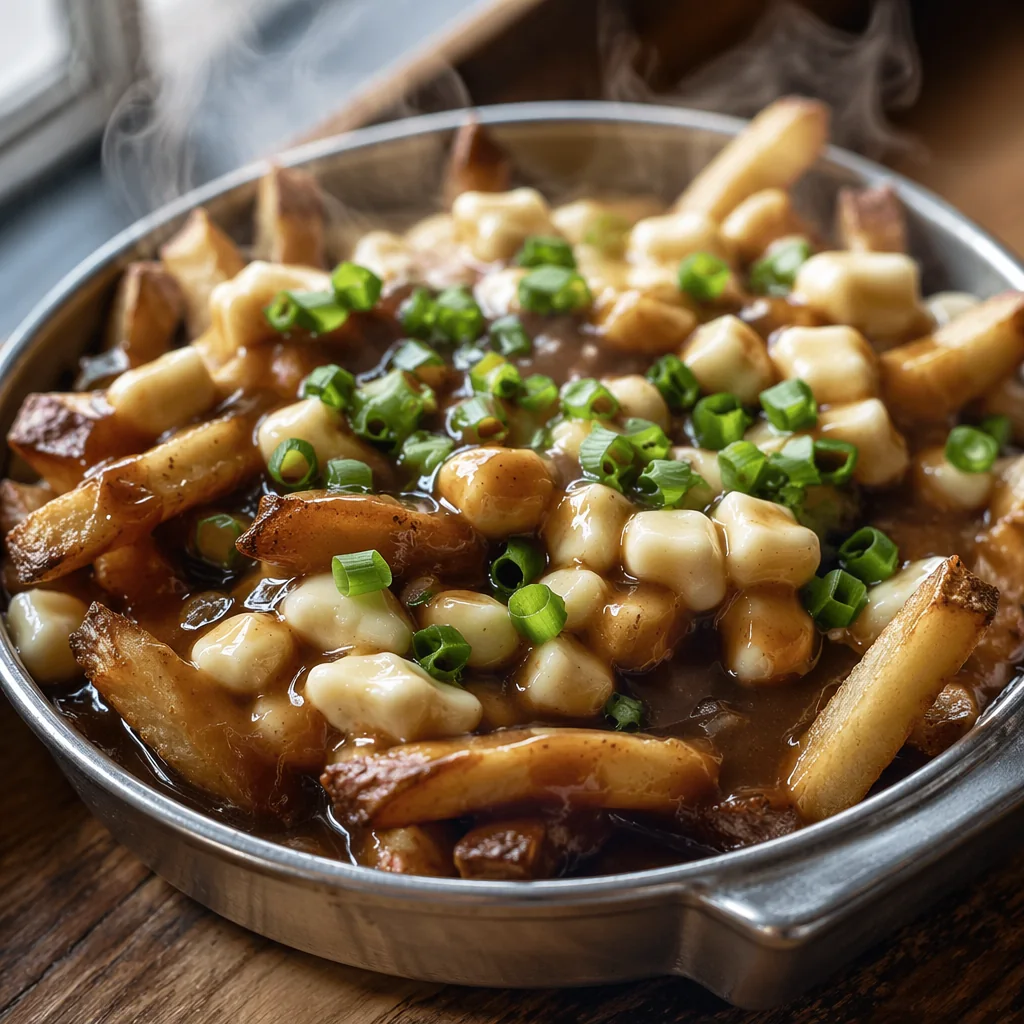 Skillet of hand-cut duck fat fries loaded with dark duck gravy and melting cheddar cheese curds, topped with green onion