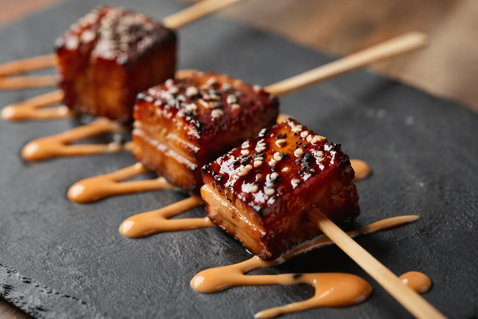 Three caramelized pork belly skewers with a glossy drizzled sauce on dark slate