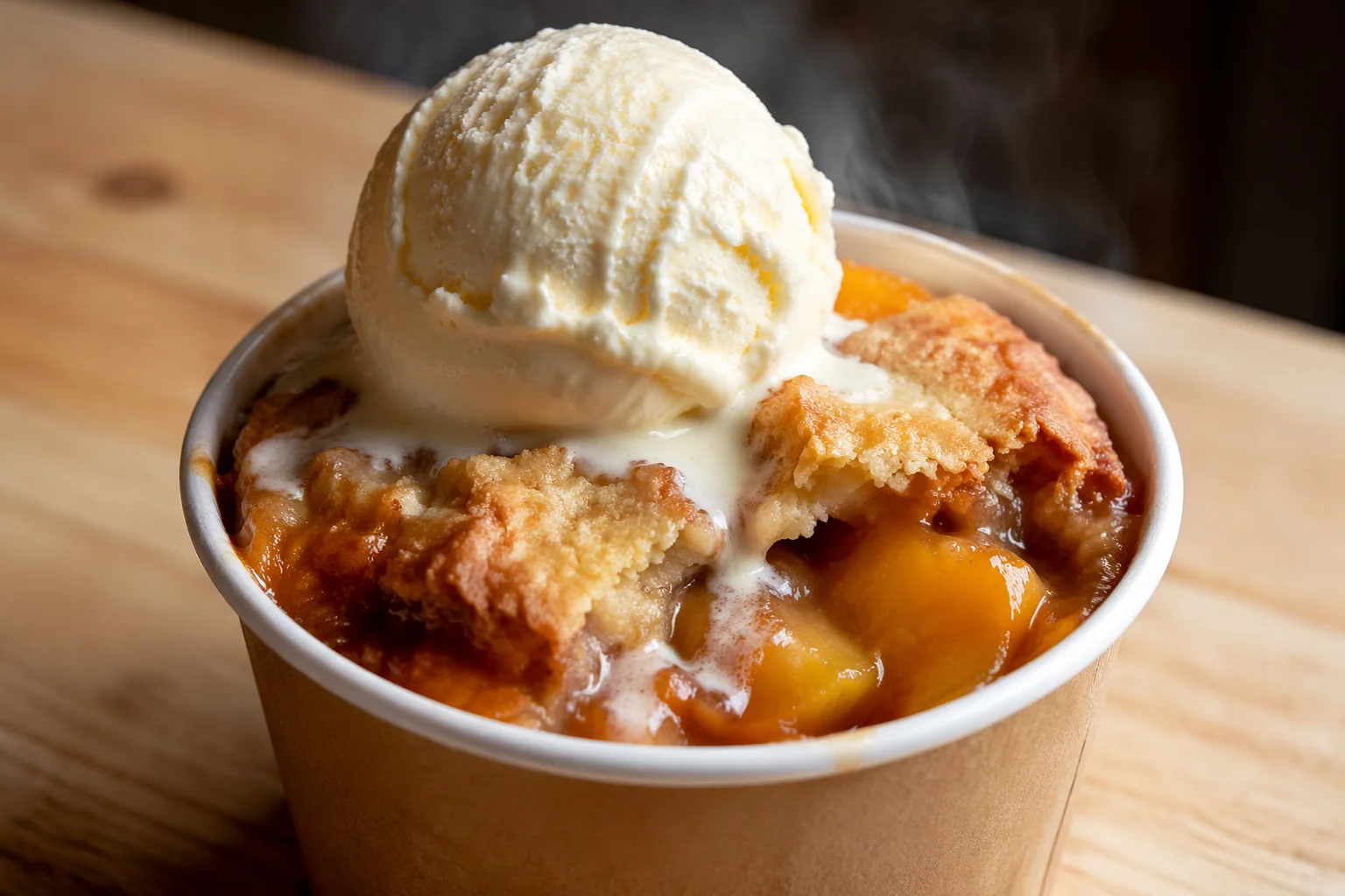 Warm peach cobbler topped with a cold scoop of ice cream