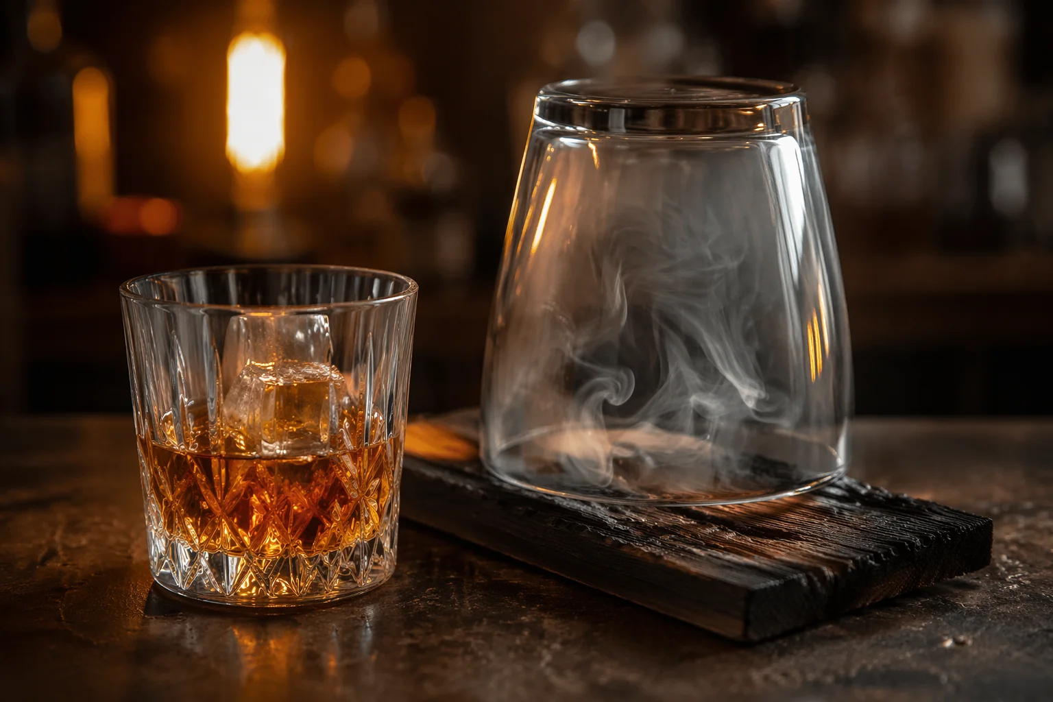 Rocks glass of whiskey with a large ice cube beside an upturned glass filling with smoke over a charred cedar plank on the bar