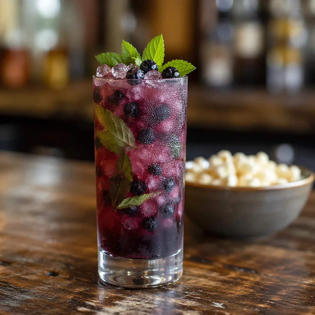 Blueberry Mojito in a tall glass, packed with wild blueberries and mint over crushed ice, beside a bowl of free popcorn on the bar