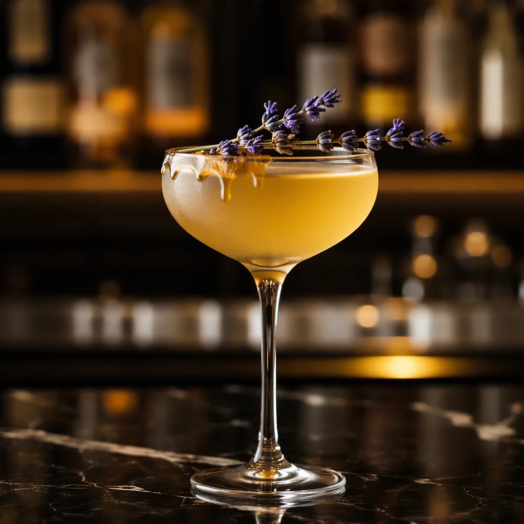 Pale gold Bees Knees in a coupe glass garnished with a fresh lavender sprig, backlit bottles glowing behind the bar