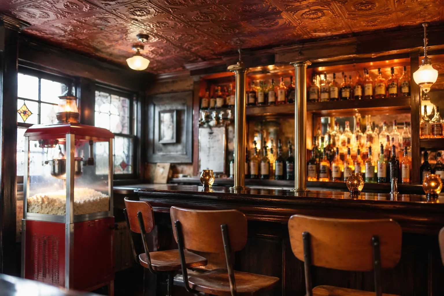 Inside the pub: a red vintage popcorn machine full of fresh popcorn, wooden bar chairs and a glowing wall of bottles under a pressed-tin ceiling