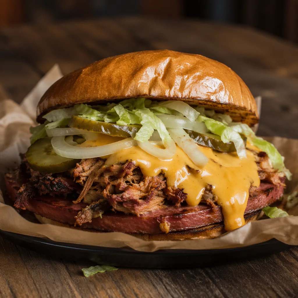 Grilled bologna sandwich stacked with pulled pork, nacho cheese, pickles, onions and lettuce in a paper-lined basket