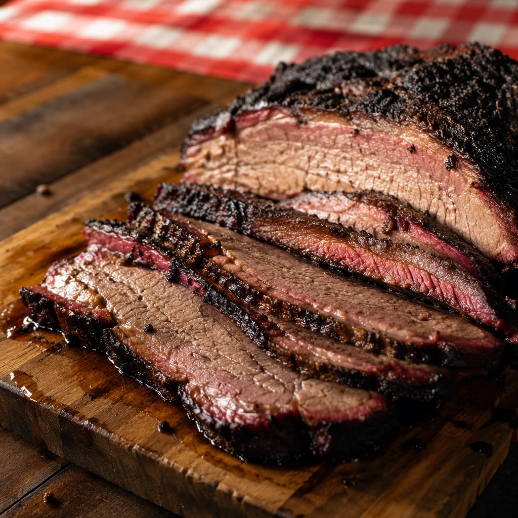 Sliced smoked brisket with a deep smoke ring and dark bark on a cutting board