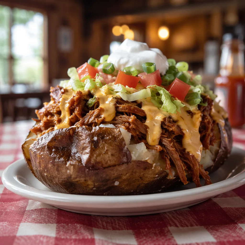 Loaded baked potato piled with pulled pork, nacho cheese, lettuce, tomato, green onions and sour cream on a checkered tablecloth