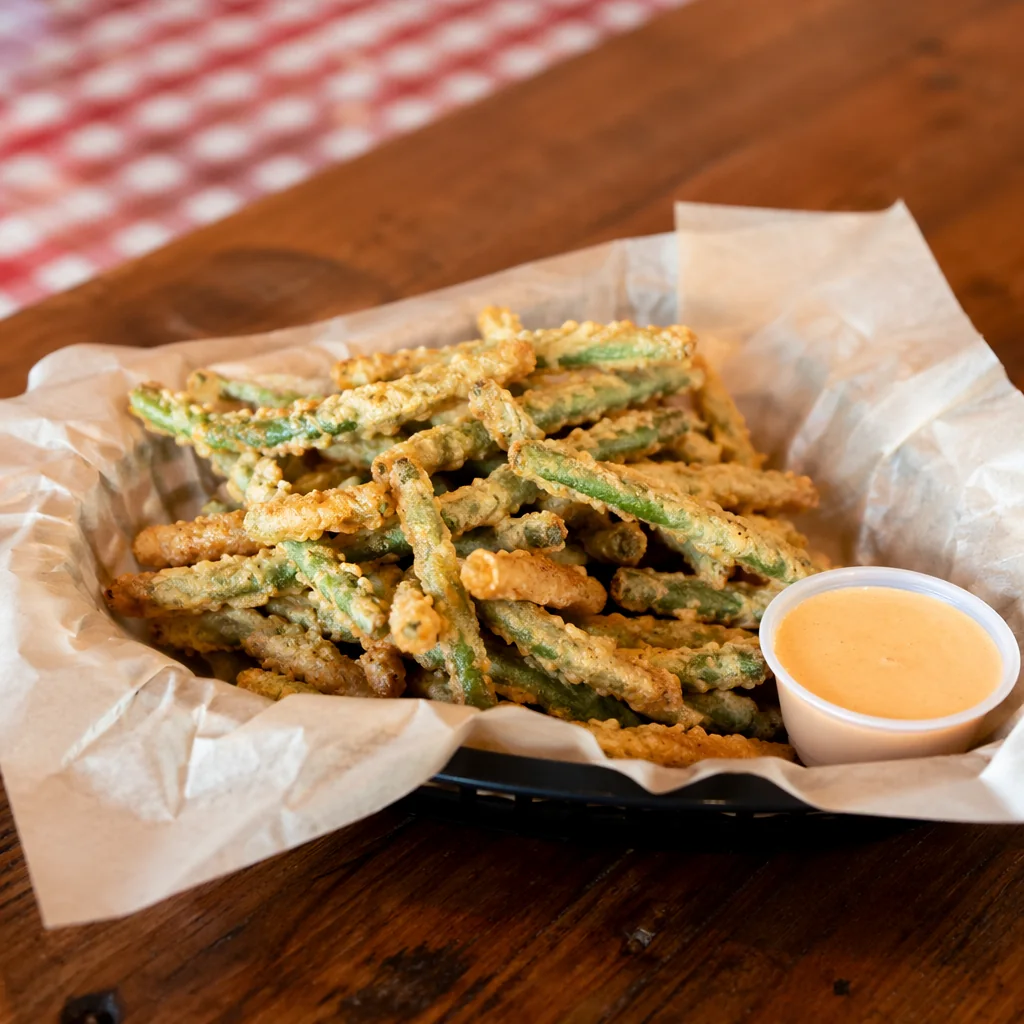 Basket of crispy fried green beans with a dipping sauce cup on a rustic table
