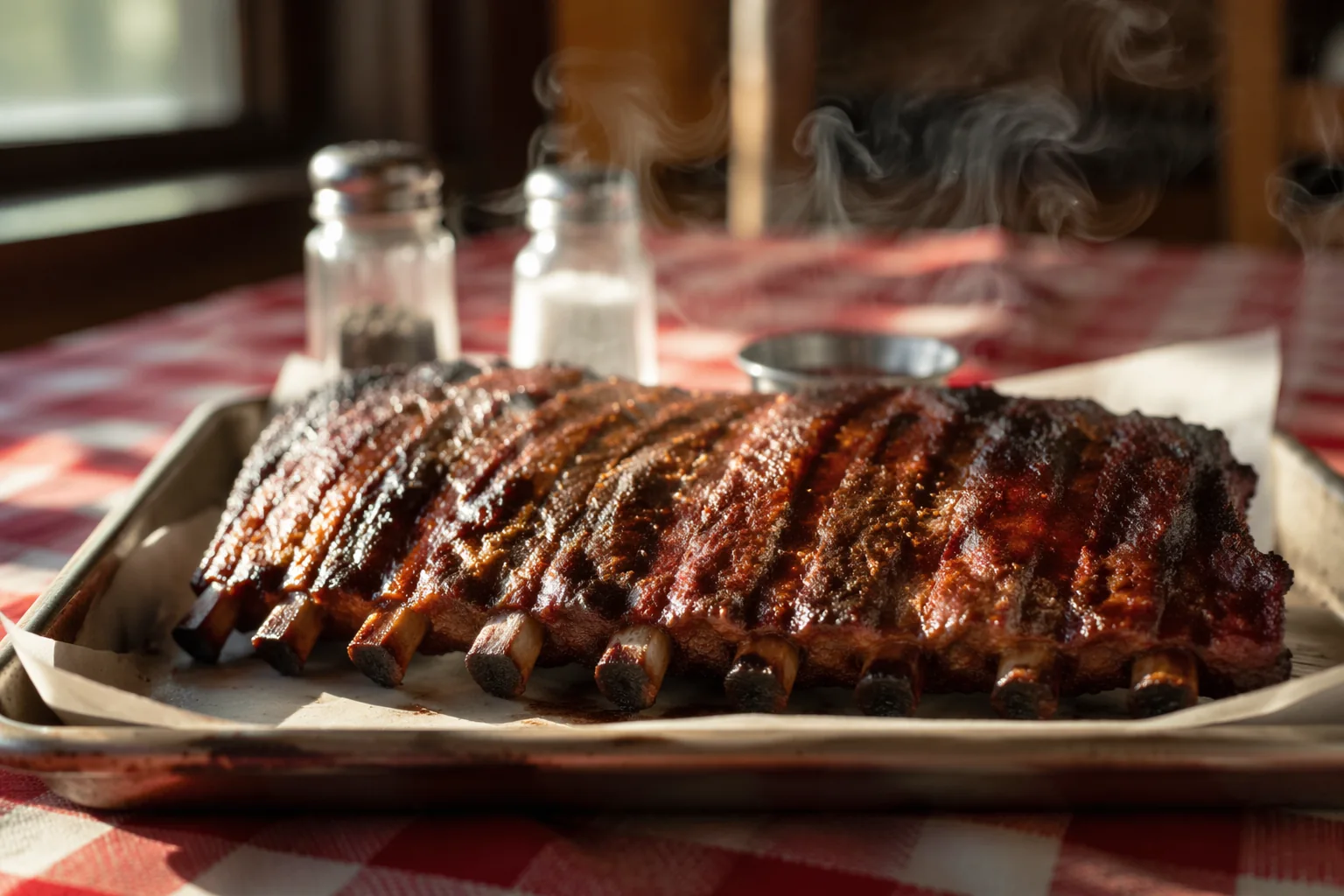 Half rack of hickory-smoked baby back ribs with dry rub on a paper-lined tray, on a red-and-white checkered tablecloth