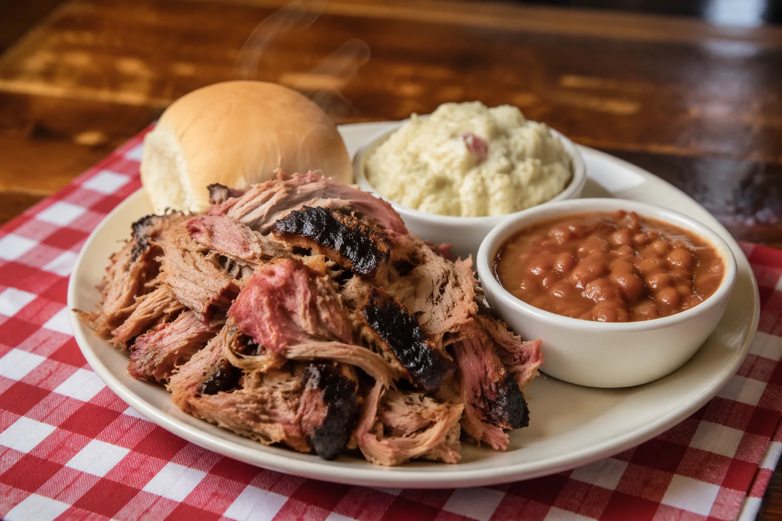 Pulled pork platter with potato salad, baked beans and a roll on a red-and-white checkered tablecloth