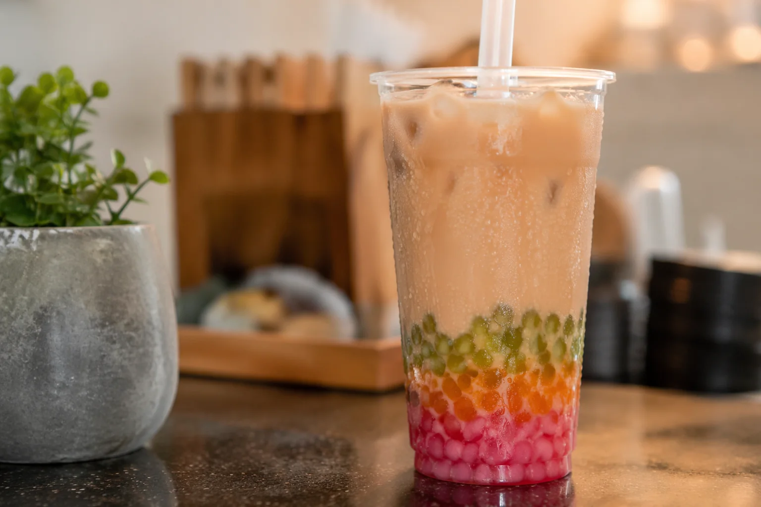 Boba milk tea with layers of colorful popping pearls in a clear cup
