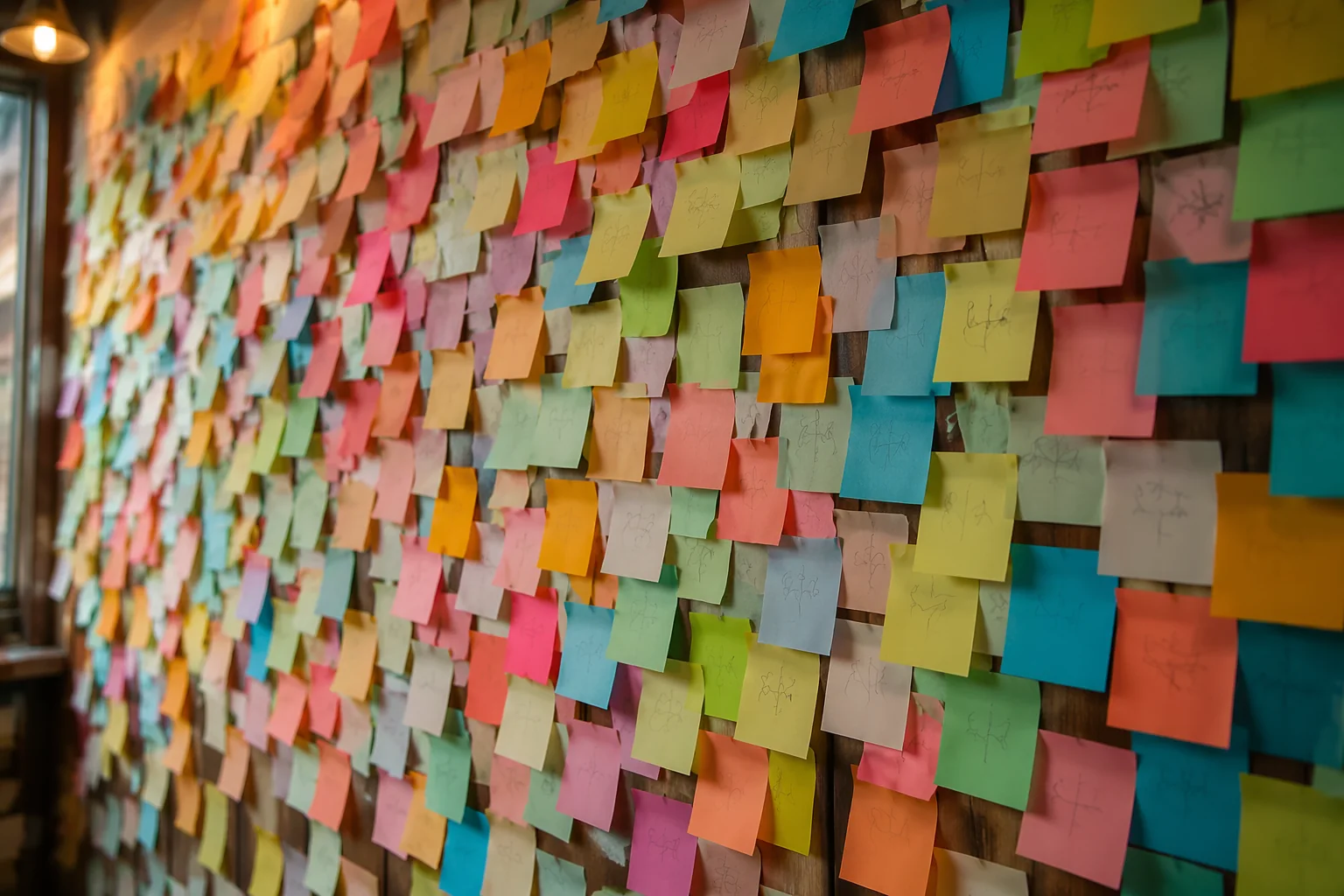 The secret wall at Gatlinbrews: colorful sticky notes covering the wall edge to edge