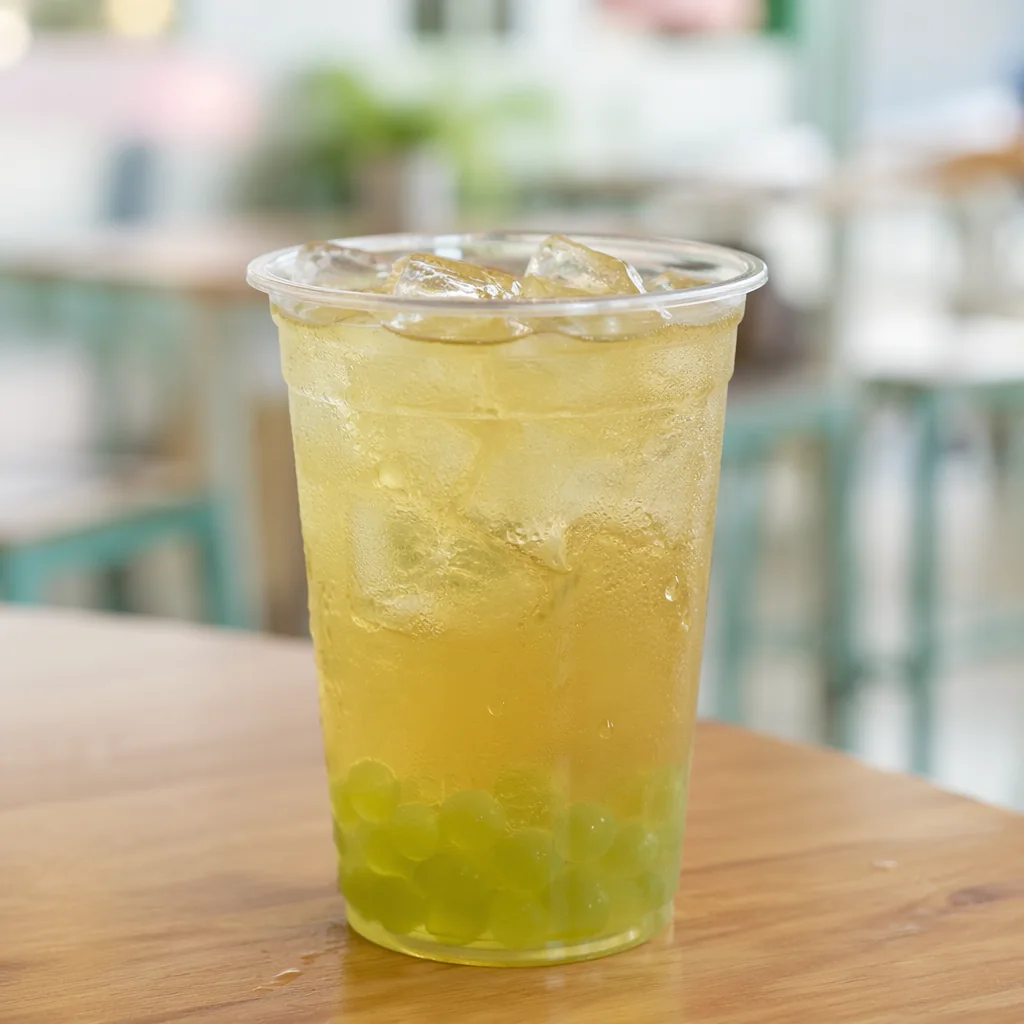 Iced fruit tea with green apple popping boba settled at the bottom of the cup