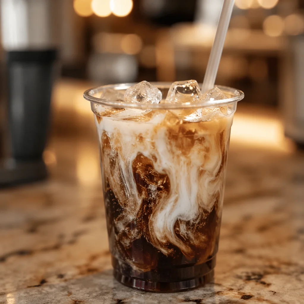 Coconut cream swirling through iced Dr Pepper-style cola in a clear cup