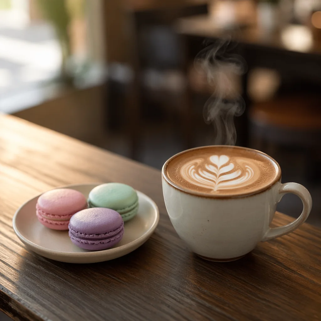 Latte with latte art in a white cup, pastel macarons on a plate beside it