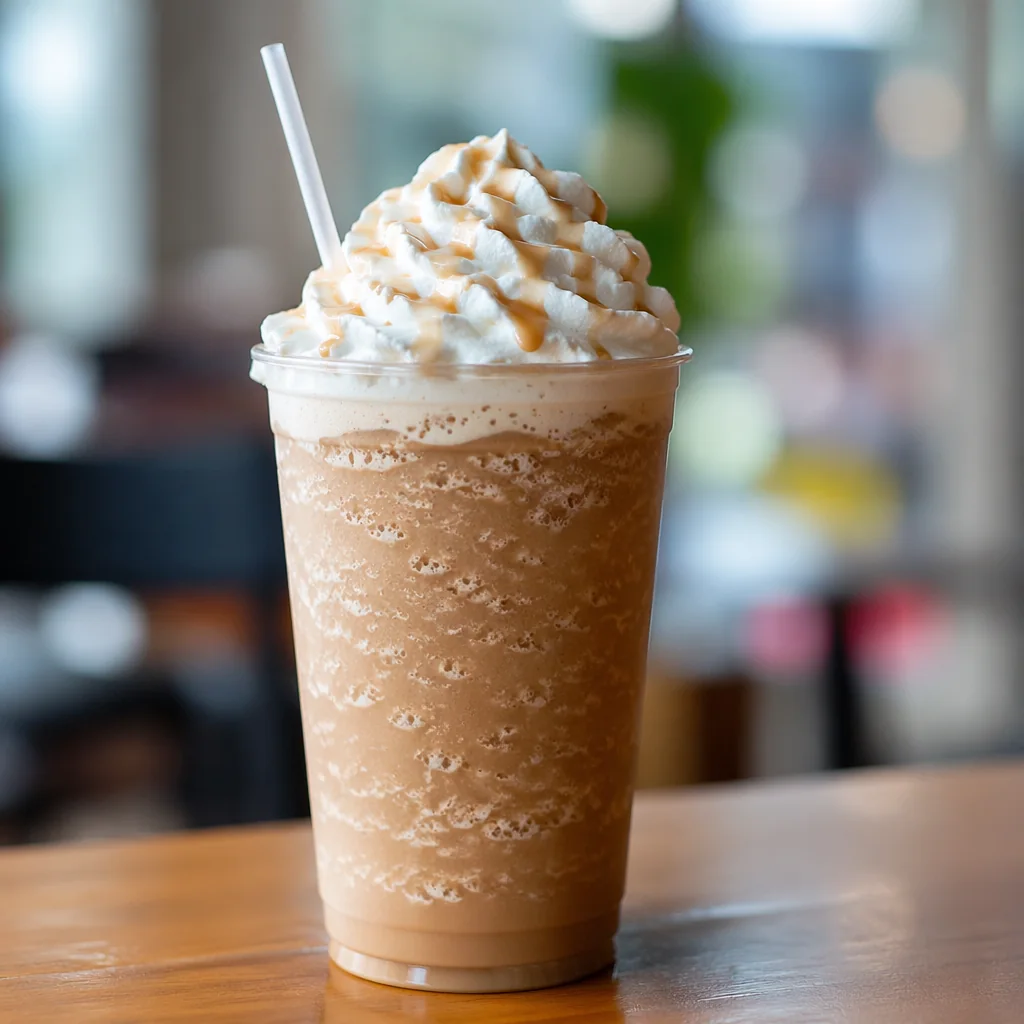 Frappe topped with a tall swirl of whipped cream