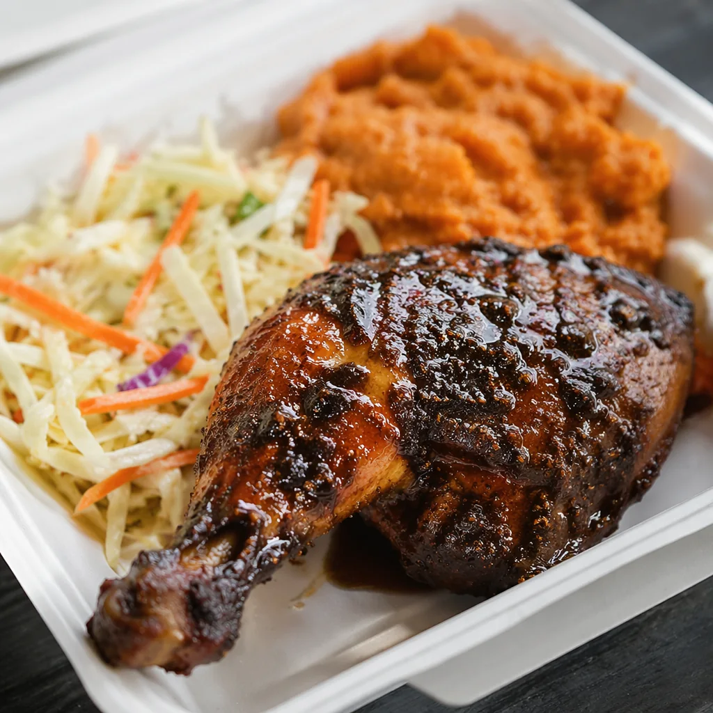 AI-generated concept of a charred jerk chicken leg quarter with slaw and orange mash in a takeout tray.