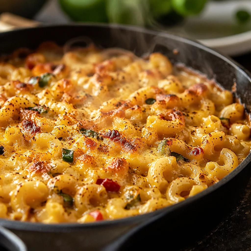 AI-generated concept of browned macaroni and cheese with red and green flecks in a black skillet.