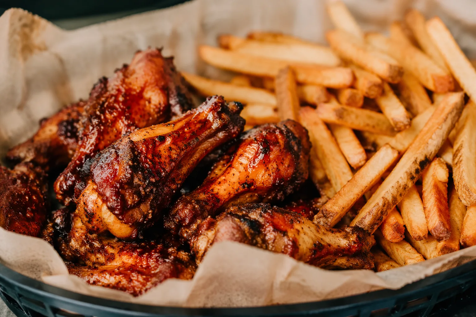 AI-generated concept of dark BBQ-glazed chicken wings beside French fries in a paper-lined basket.