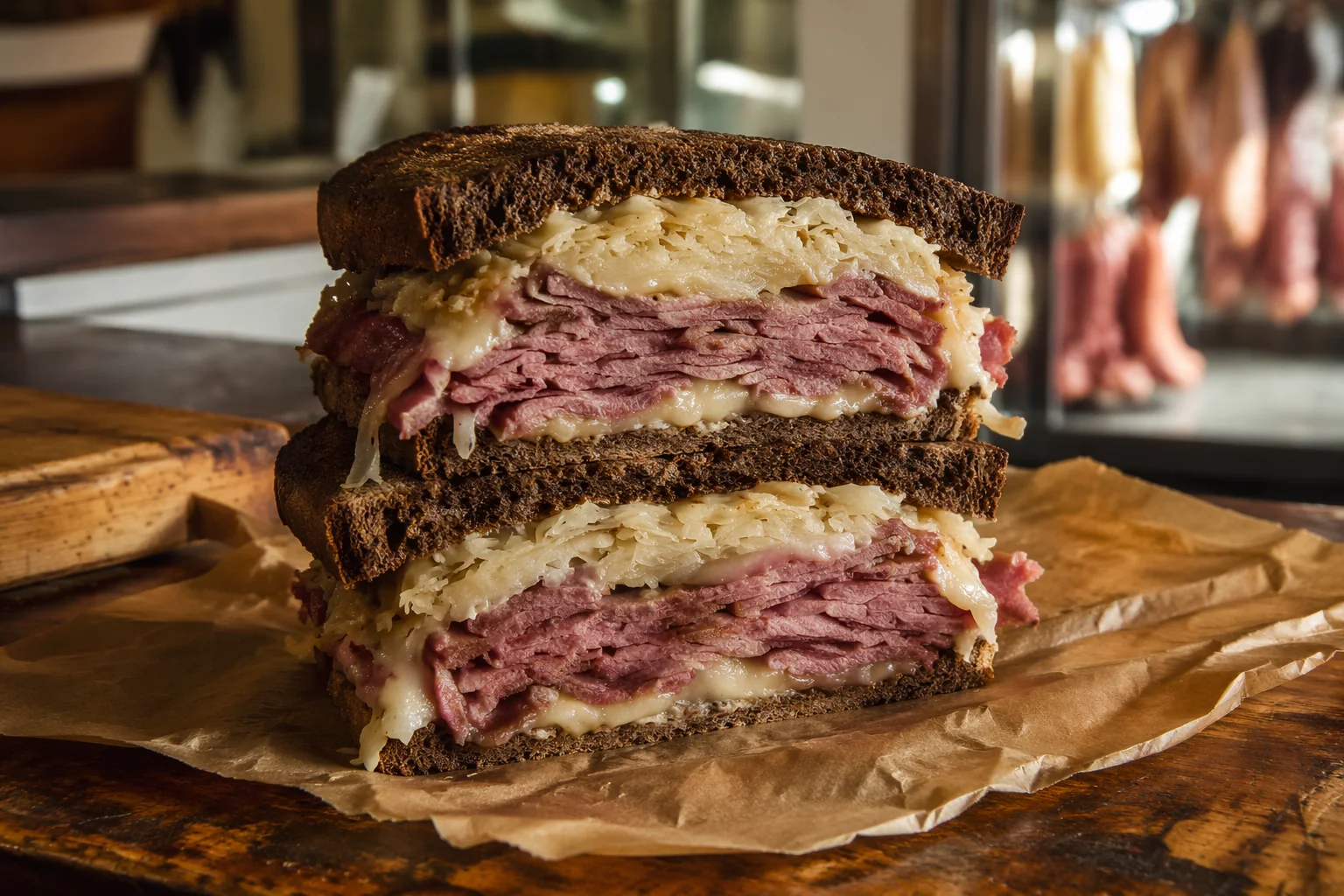 The Village Legend Reuben, cut and stacked on butcher paper: dark pumpernickel, sauerkraut, melted Swiss and a half pound of corned beef