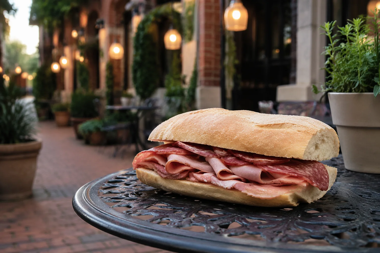 The Italian on a crusty roll, layered with ham, pepperoni and salami, on a wrought iron cafe table with the lantern-lit courtyard behind