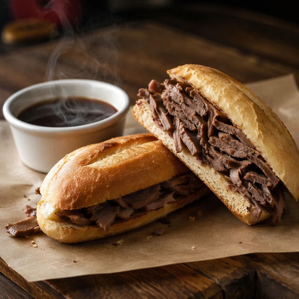 French Dip on a toasted roll, cut in half beside a steaming cup of au jus on butcher paper