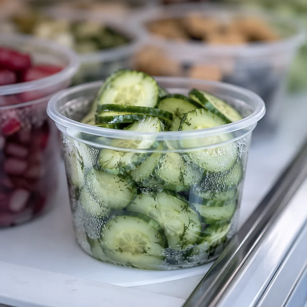 Container of cucumber salad with fresh dill, chilled in the deli case