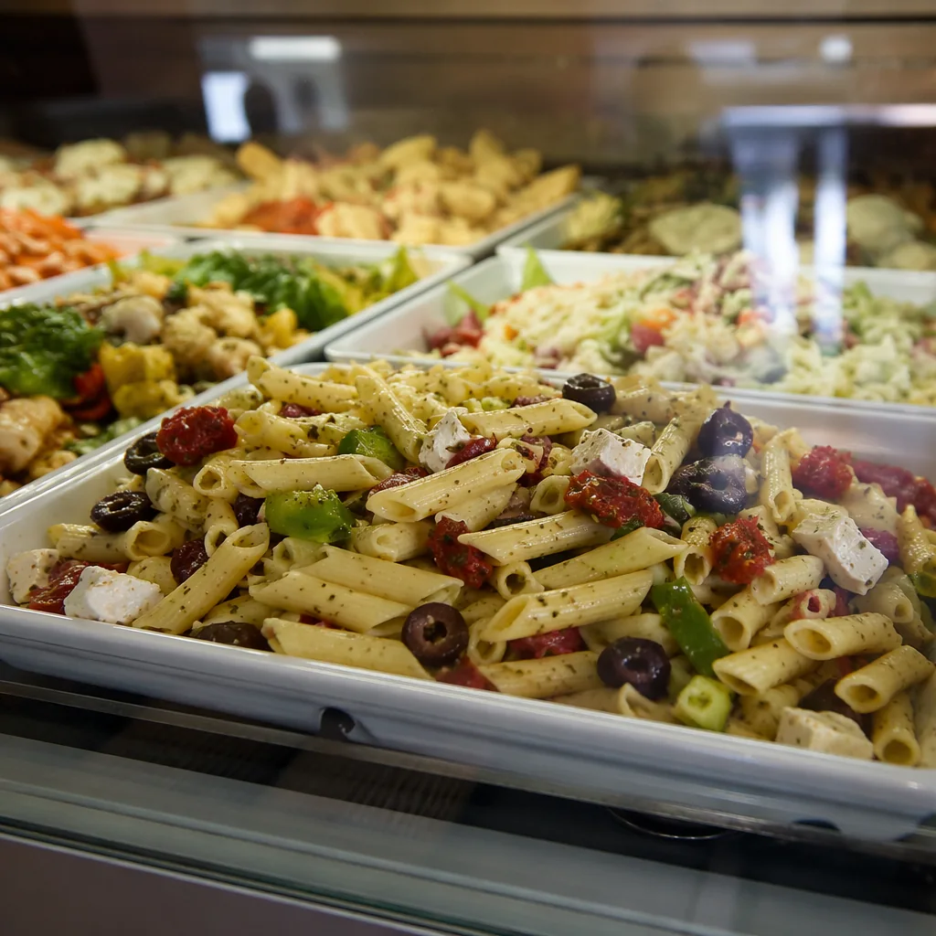 Tray of pasta salad with olives, peppers and feta behind the deli case glass