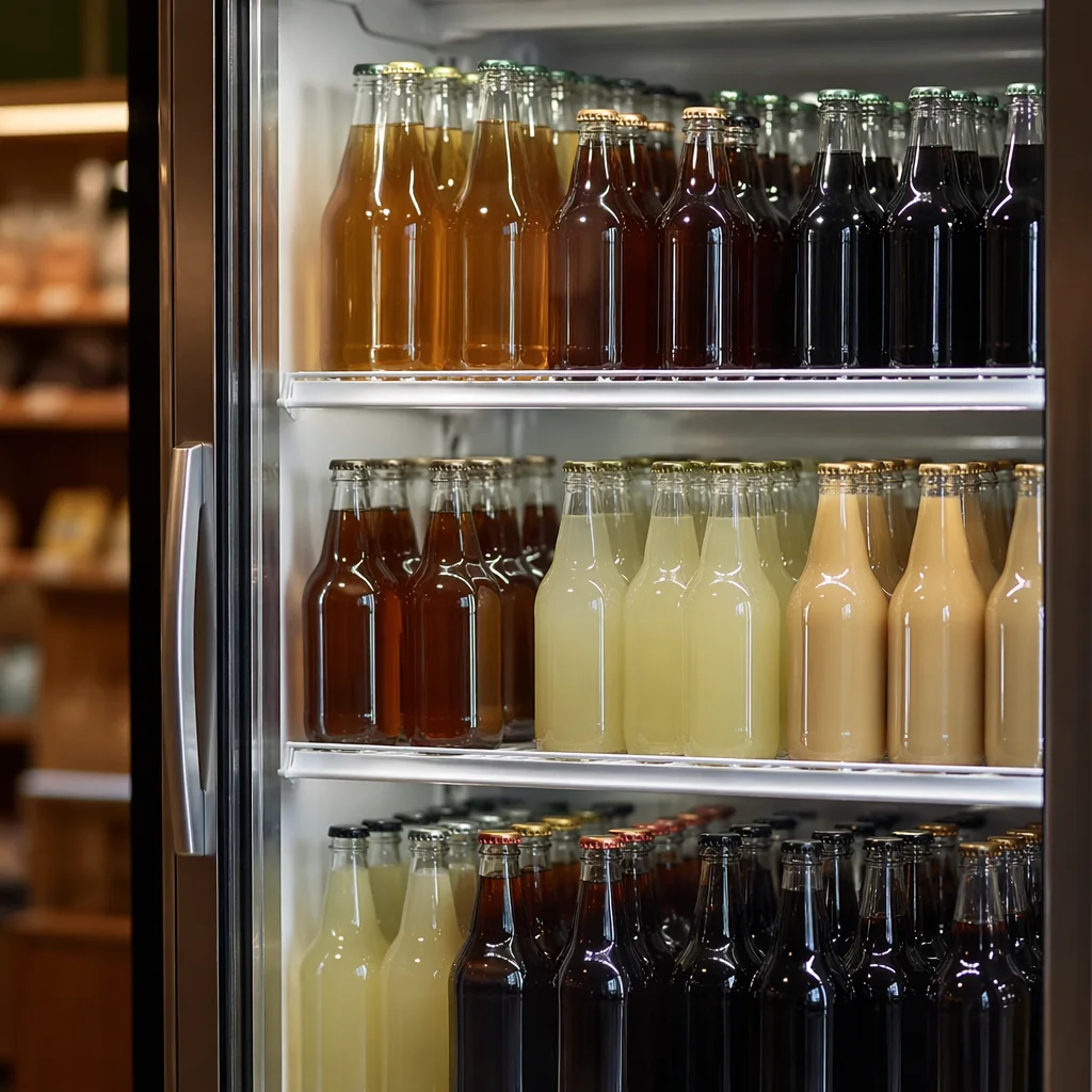 Glass-door cooler stocked with rows of vintage-style bottled sodas