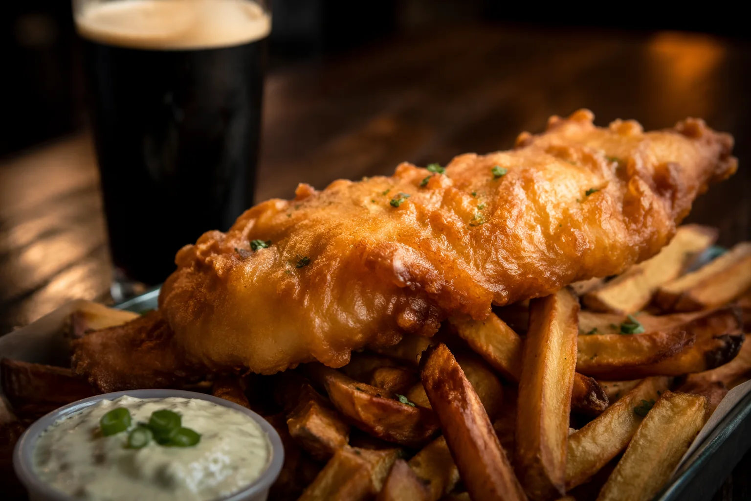 AI-generated concept of battered fish over hand-cut fries with scallion tartar and a dark stout behind.