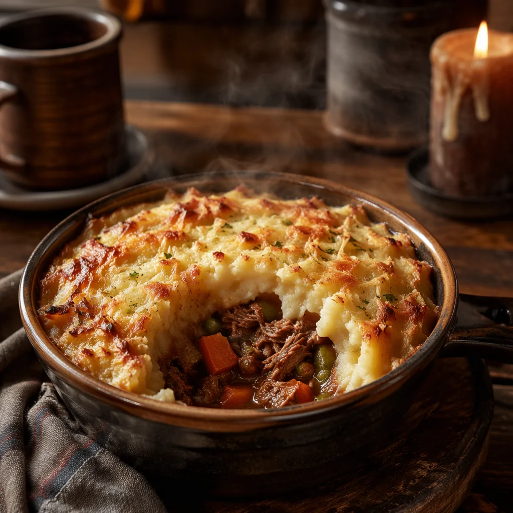 AI-generated concept of a browned mashed-potato-topped meat pie in a crock, opened to show peas and carrots.