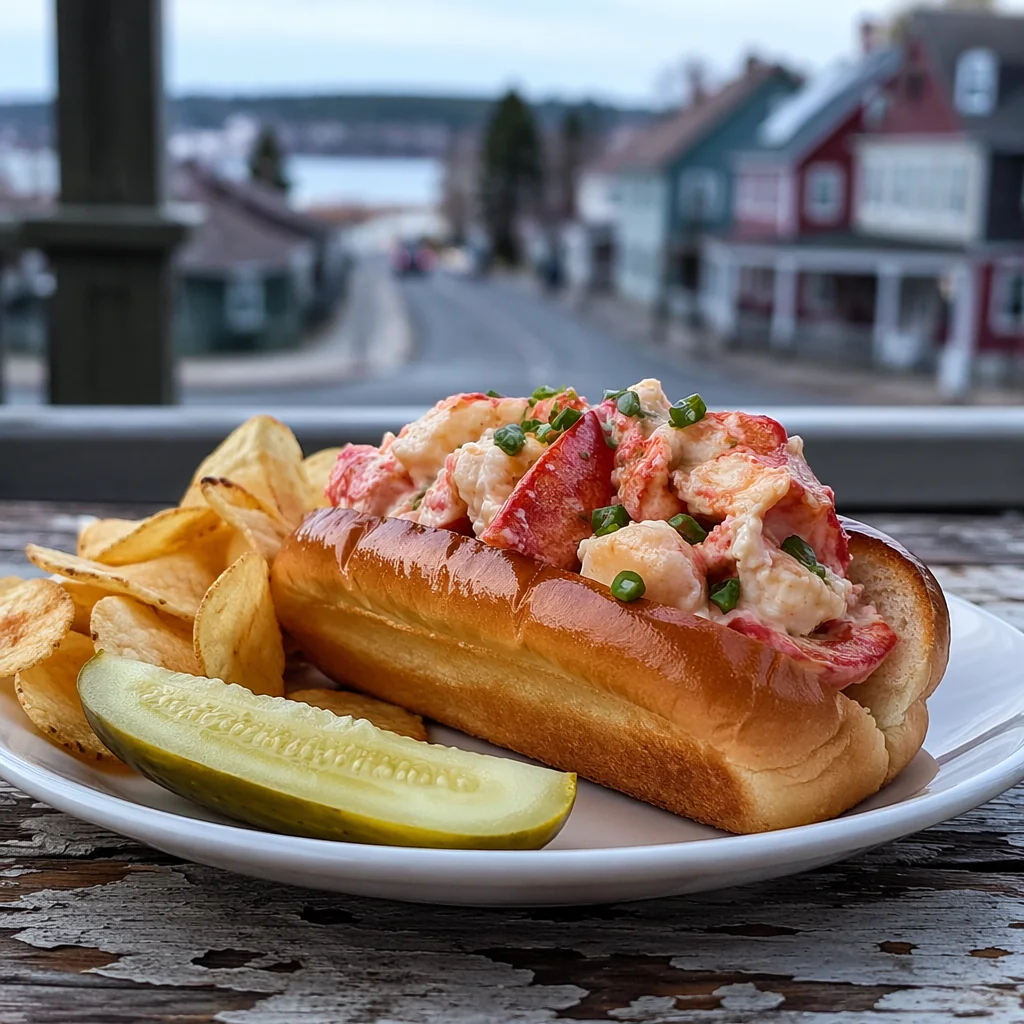AI-generated concept of a lobster roll in a brioche bun with scallions, chips, and a pickle beside it.
