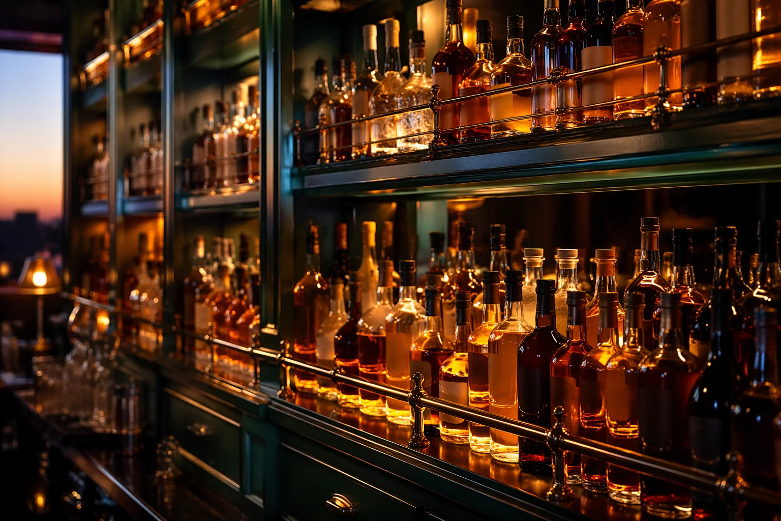 AI-generated concept of rows of backlit whiskey bottles on dark green shelves with brass rails.