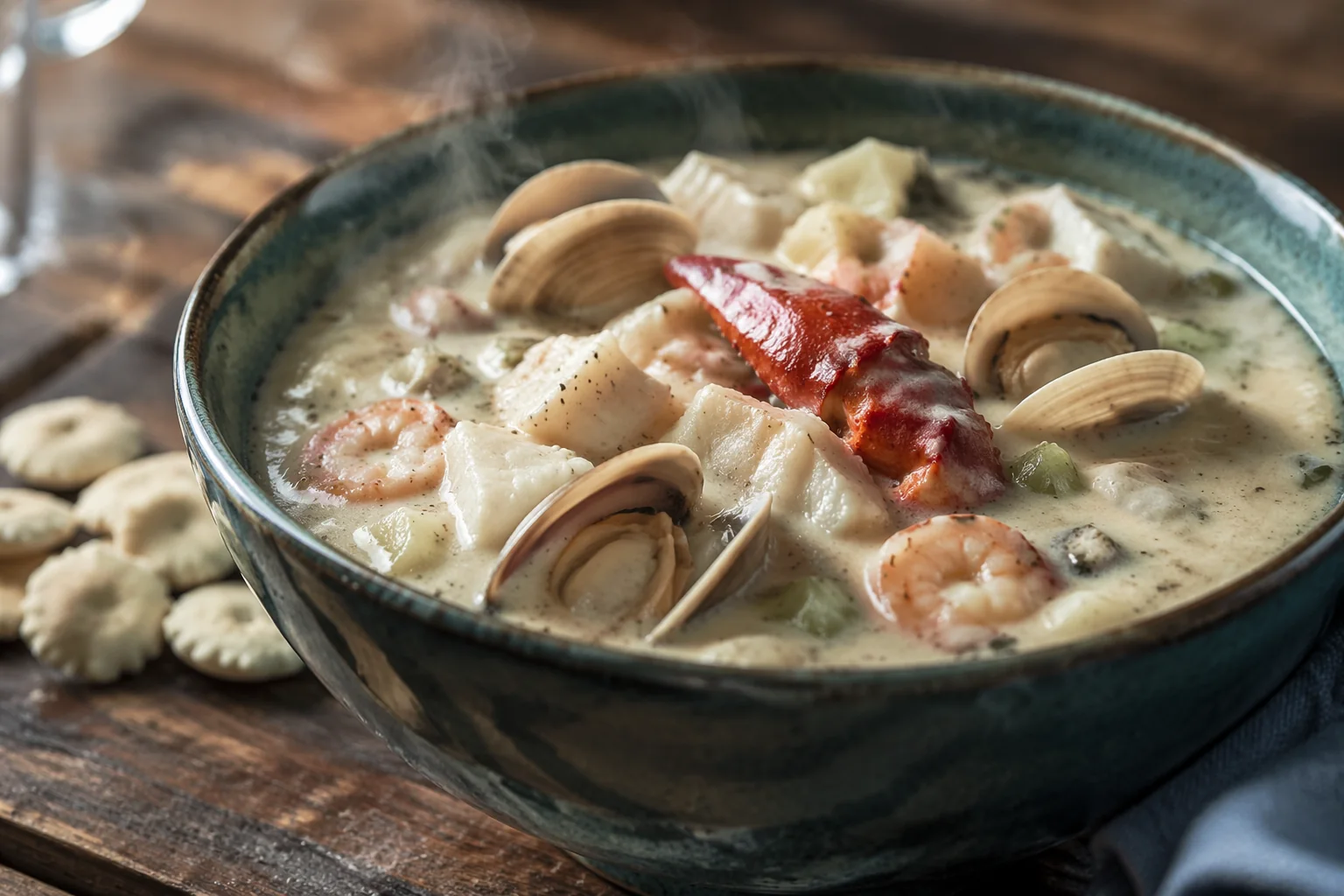 Bowl of creamy seafood chowder with oyster crackers on a wood table