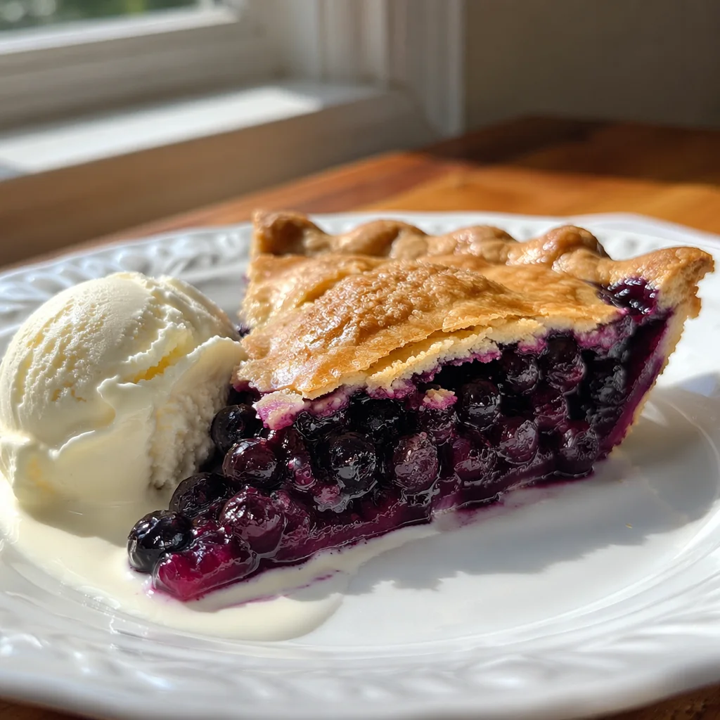 Slice of wild blueberry pie with vanilla ice cream on a white plate