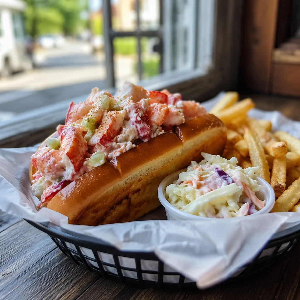 Lobster roll with fries and coleslaw at a window table, with the village street beyond