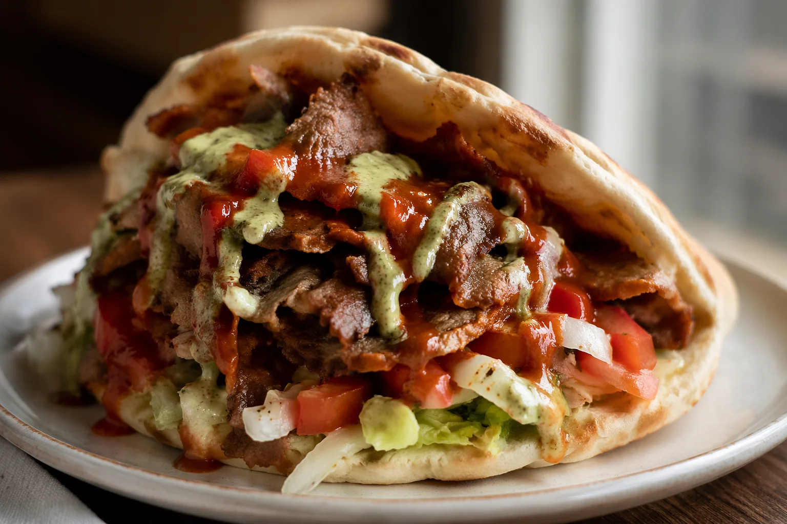 AI-generated concept of a doner pita filled with shaved beef, tomato, onion, lettuce, and red and green sauces.