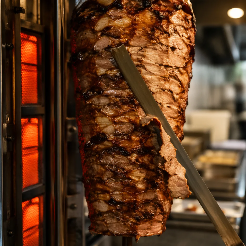 AI-generated concept of seasoned beef on a vertical doner rotisserie being carved with a long knife.