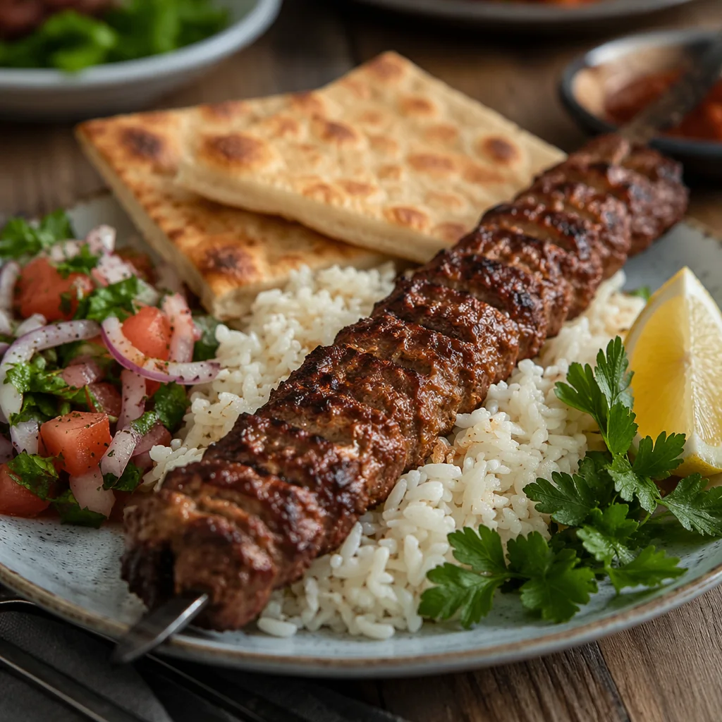 AI-generated concept of a charred Adana-style skewer over rice with pita, salad, lemon, and parsley.