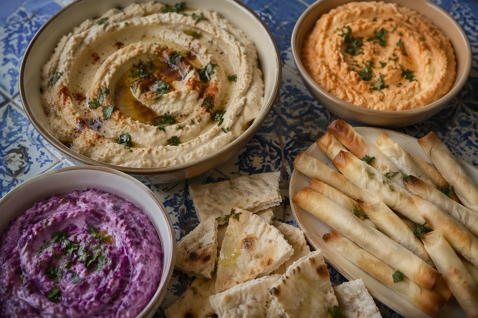 AI-generated concept of a meze spread with hummus, carrot and red-cabbage tarator, sigara boregi, and pita.