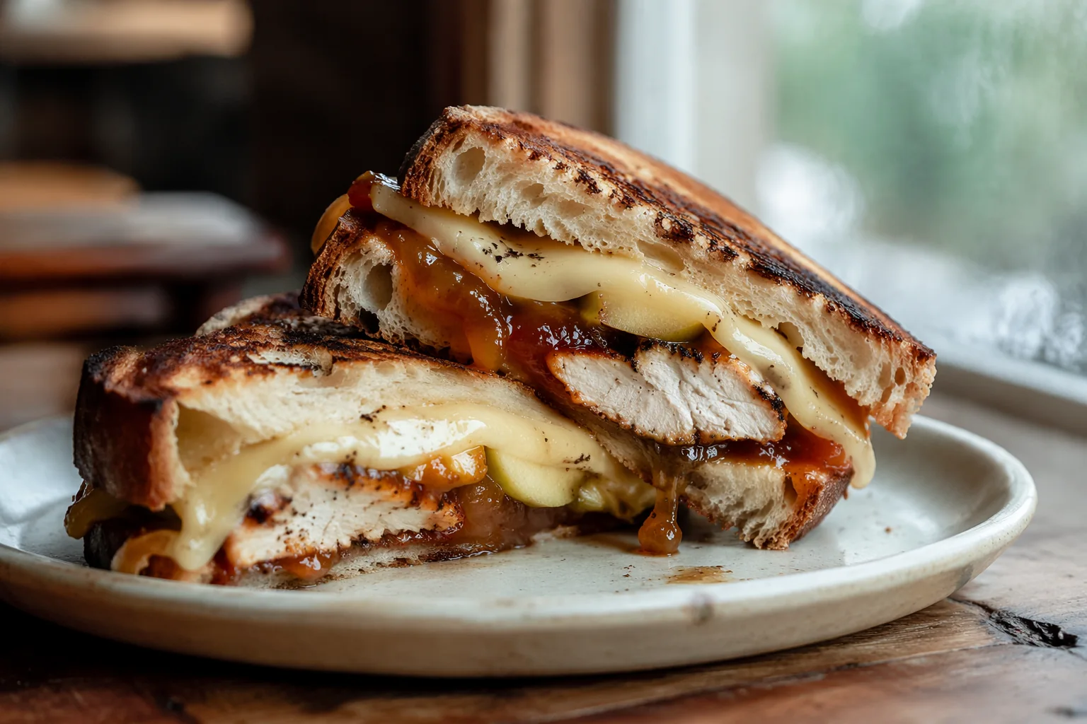 The Morning Mist Sandwich cut in half: grilled chicken, melted Gouda, grilled Granny Smith apple slices and peach jalapeño jam on toasted artisan bread