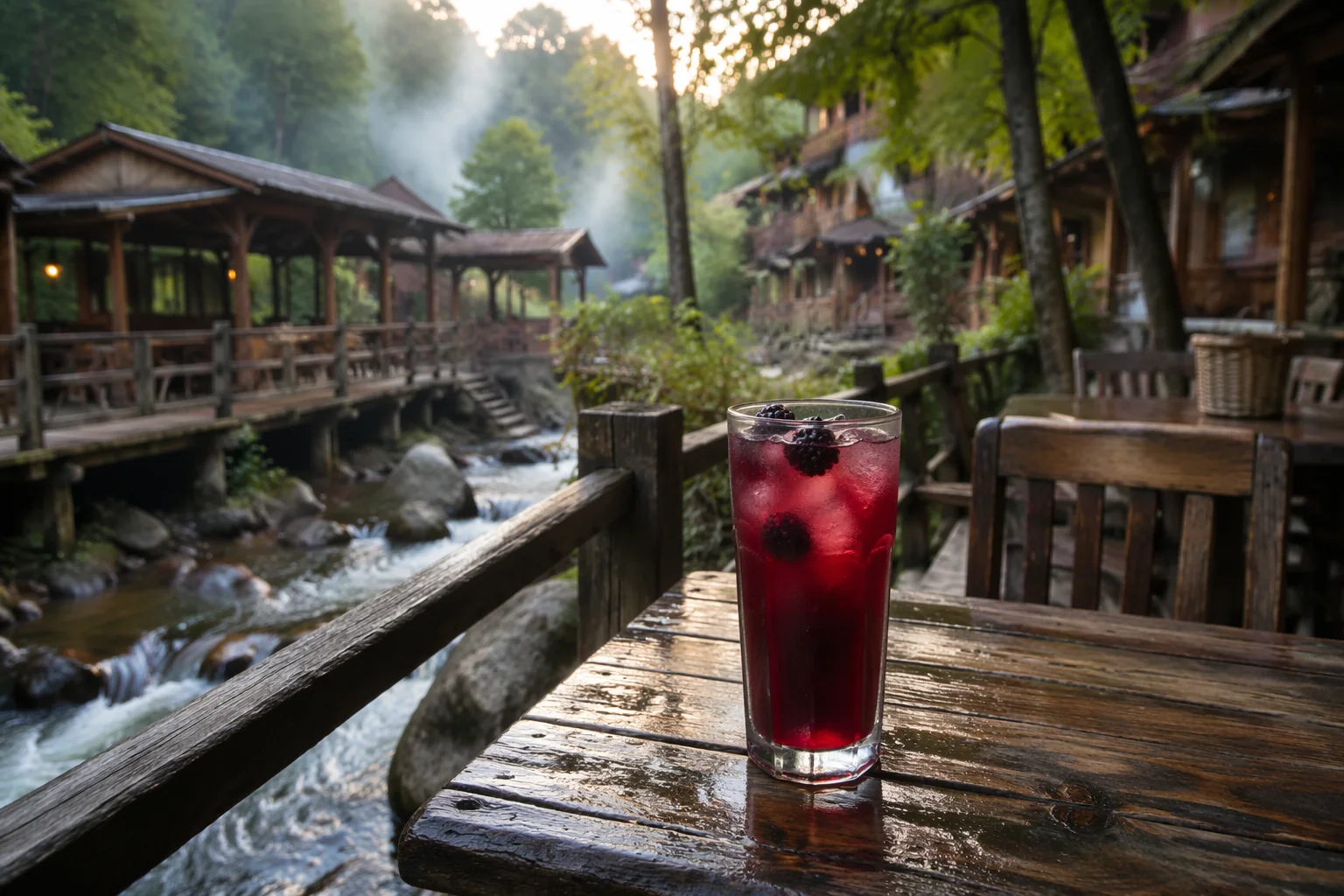 Iced blackberry tea on a wooden deck table over a small creek, timber walkways of an artisan village fading into morning mist