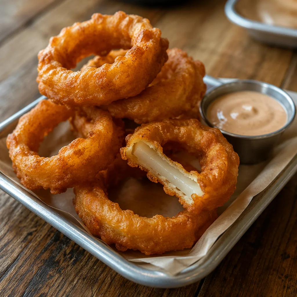 Thick beer battered onion rings stacked on a tray with a ramekin of dipping sauce