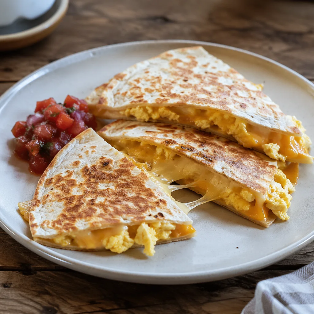 Breakfast quesadilla cut into wedges, filled with scrambled eggs and melted cheese