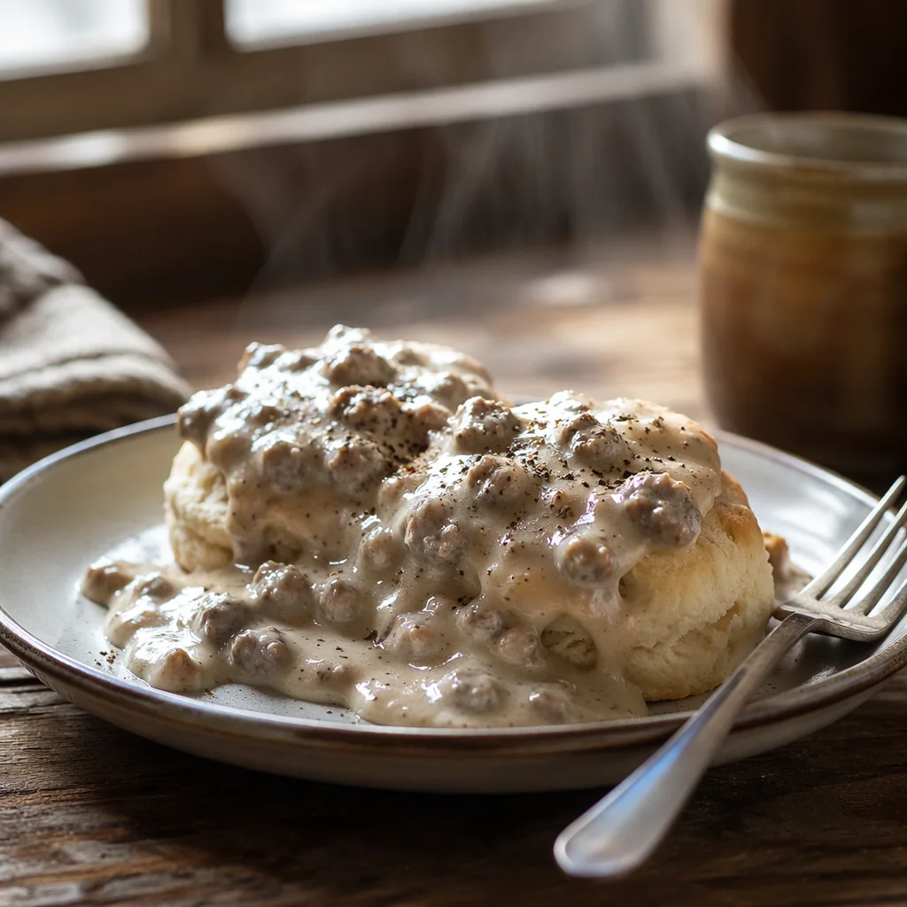 Split buttermilk biscuits under creamy sausage gravy with cracked pepper