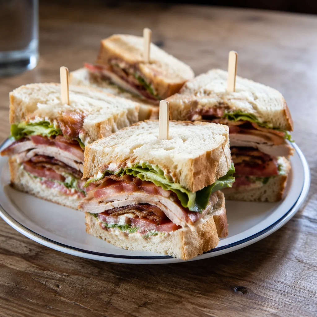 Club sandwich on fresh bread, quartered and stacked tall on a diner plate