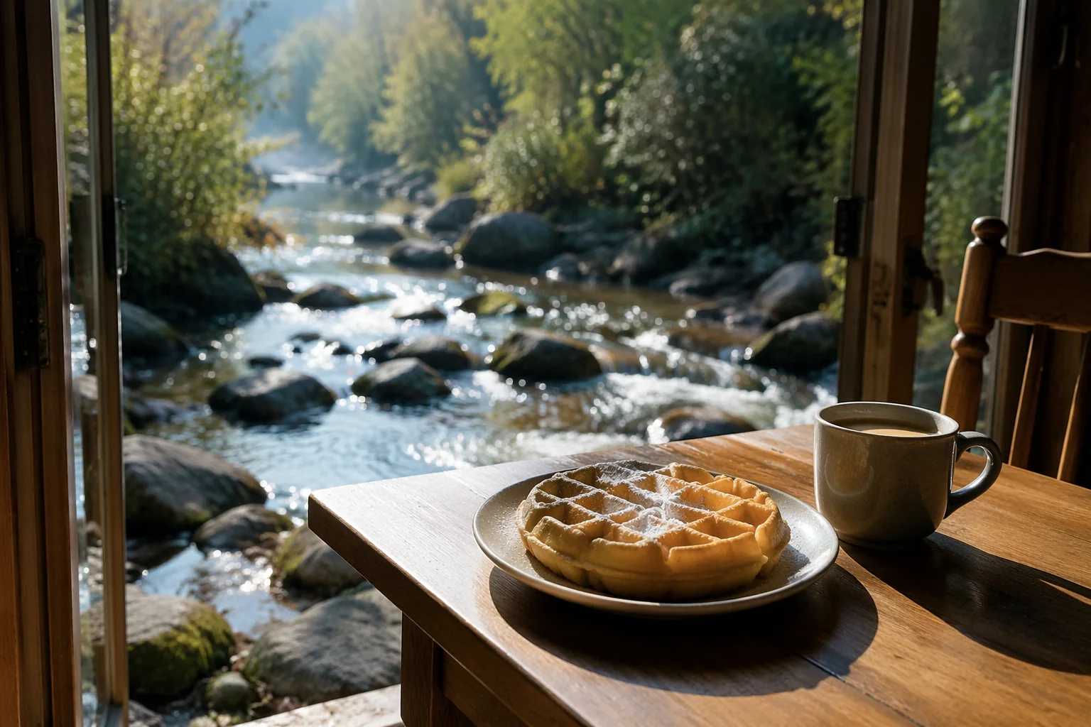 Waffle and coffee on the lower-floor table by the open sliding glass doors, Bull Creek running over the rocks below