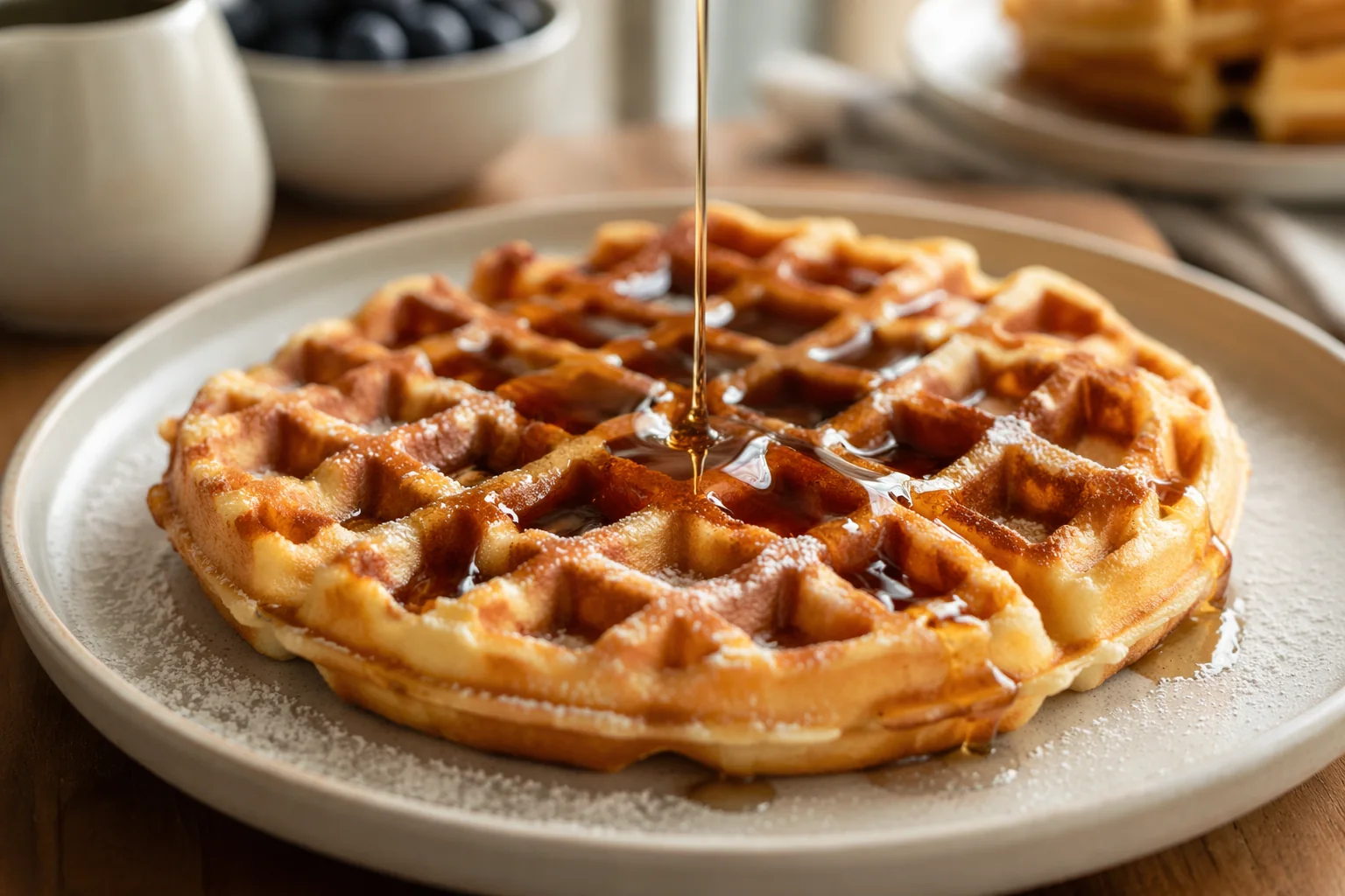 Classic Belgium Waffle dusted with powdered sugar as warm syrup is poured over it