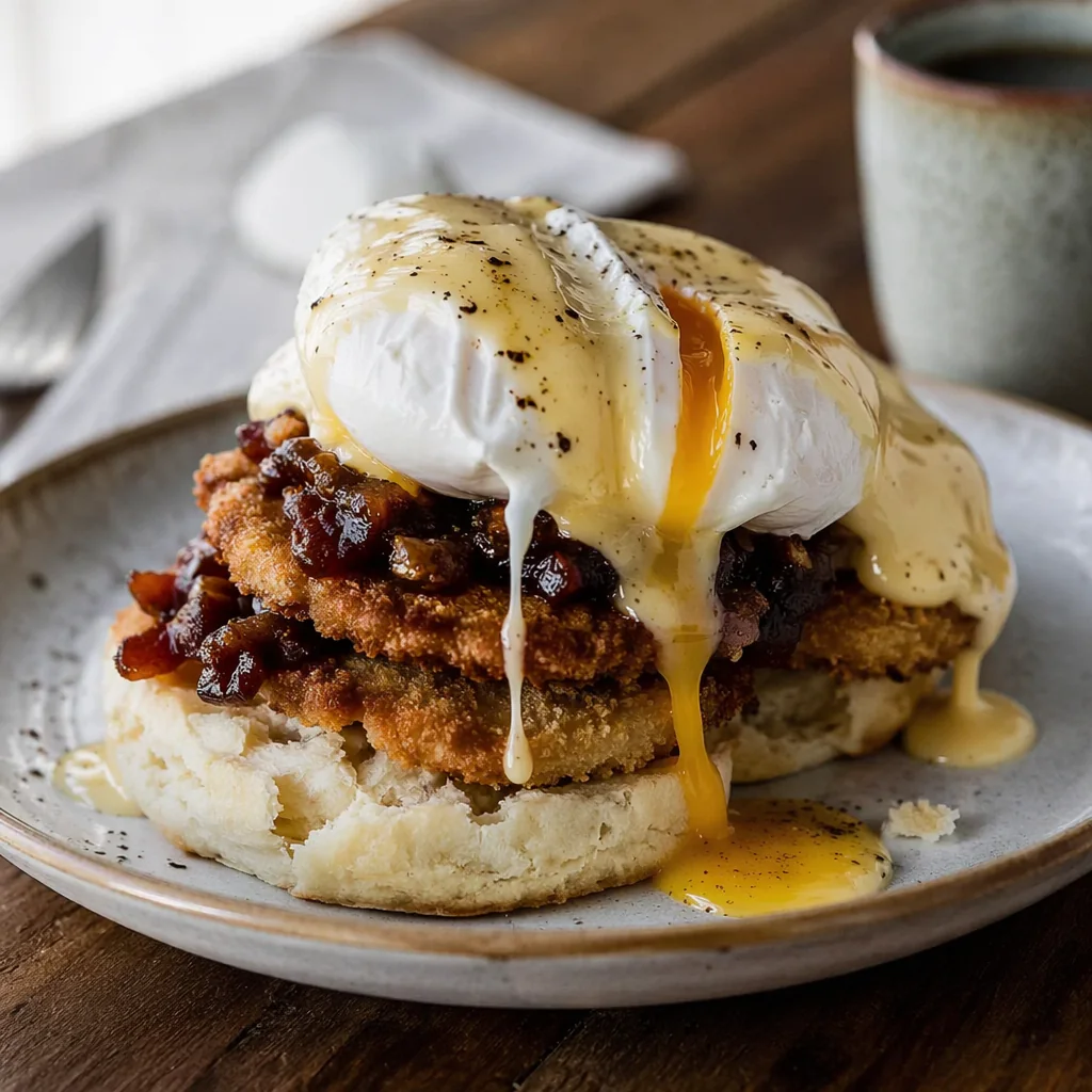 Southern Benny: eggs Benedict on a biscuit with fried green tomatoes and bacon jam