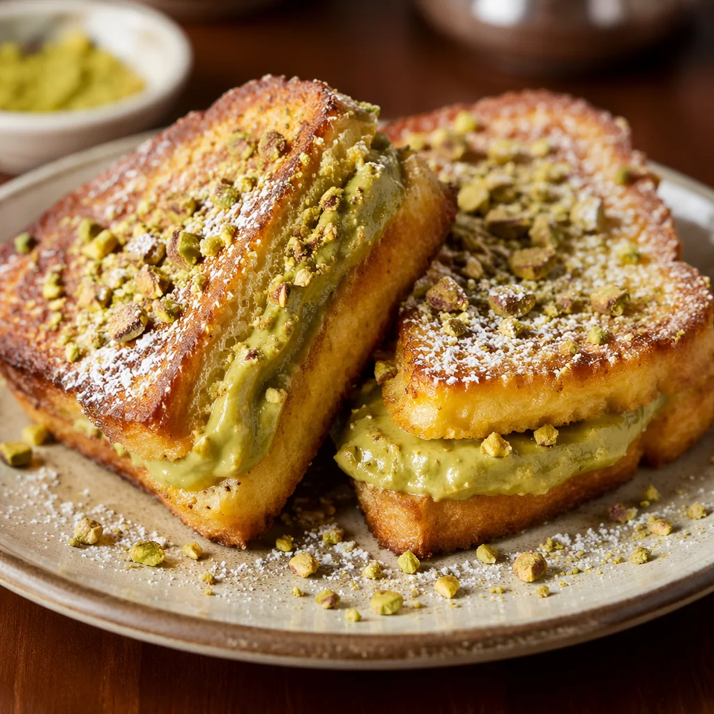 Pistachio Stuffed French Toast topped with crushed pistachios and powdered sugar